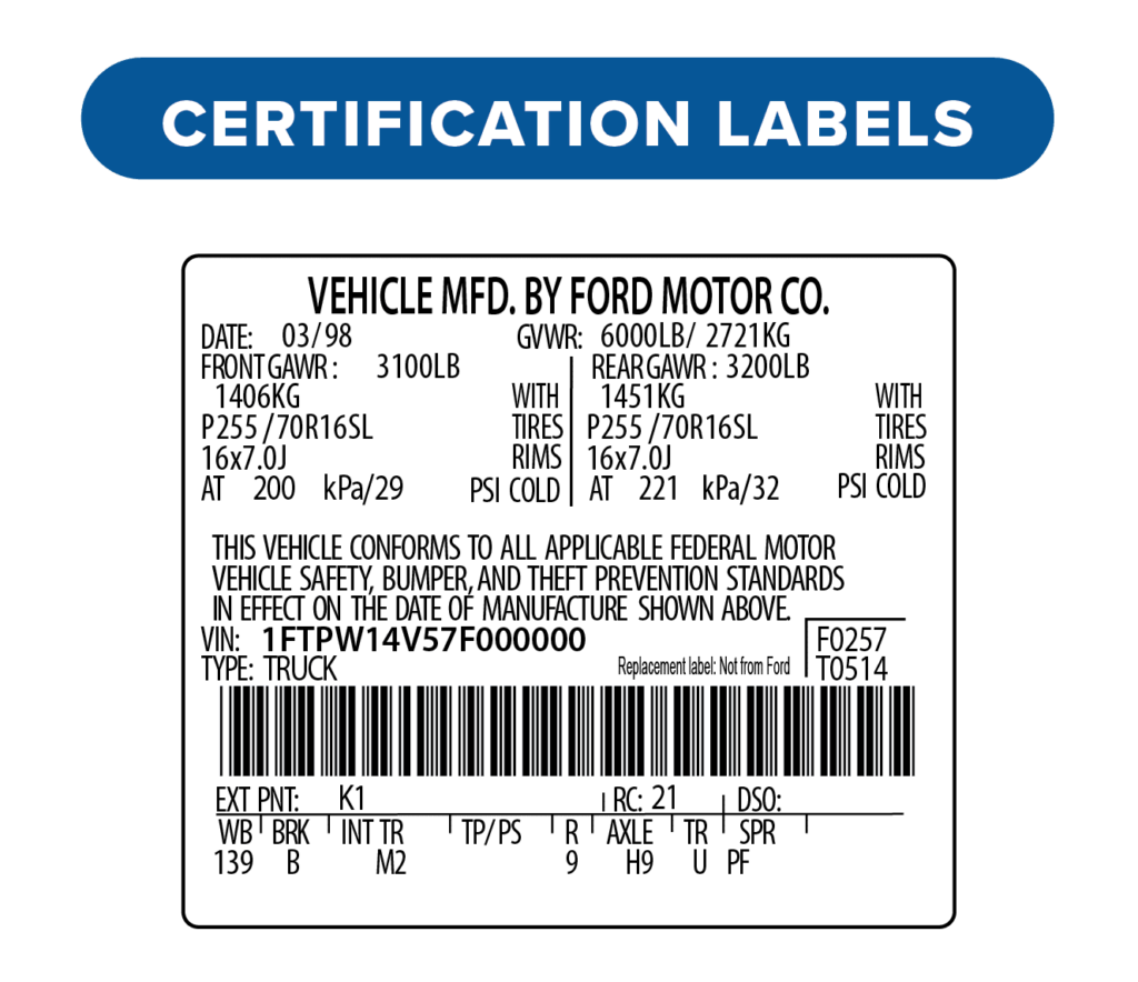 Auto Data Labels, car labels, vin labels replacement, vehicle certification label, door vin sticker replacement